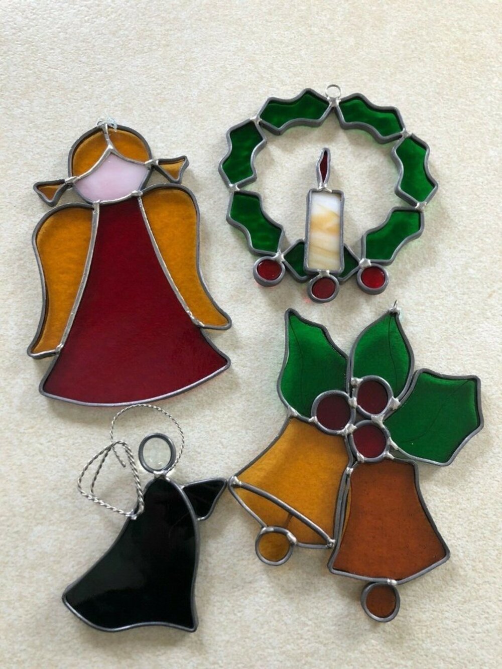 VTG Lot 4 Stained Glass Sun Catchers - Xmas Wreath & Angel 5”-7”
